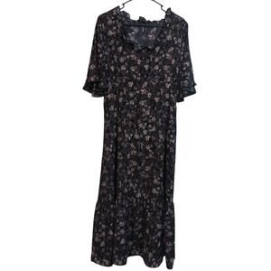 Suzanne Betro Dark Floral Black Ruffle Midi Dress Short Sleeves Size L